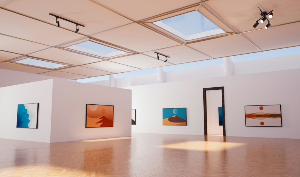 Modern art museum gallery with abstract paintings and skylights.