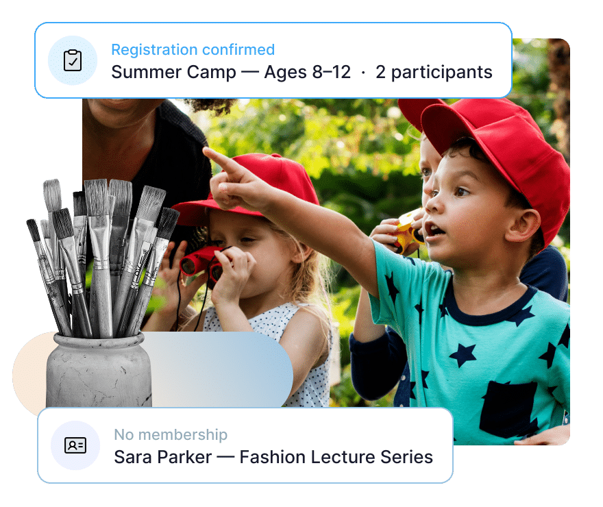 Children participating in an outdoor museum program, showing Muse programs software for registration and constituent tracking. Action Tags read: Registration confirmed, Summer Camp, Ages 8-12, 2 participants; No membership, Sara Parker, Fashion Lecture Series.