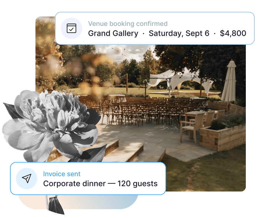 Outdoor museum venue set for an event, showing Muse venue rental software for bookings and invoicing. Action Tags read: Venue booking confirmed, Grand Gallery, Saturday, Sept 6, $4,800; Invoice sent, Corporate dinner, 120 guests.