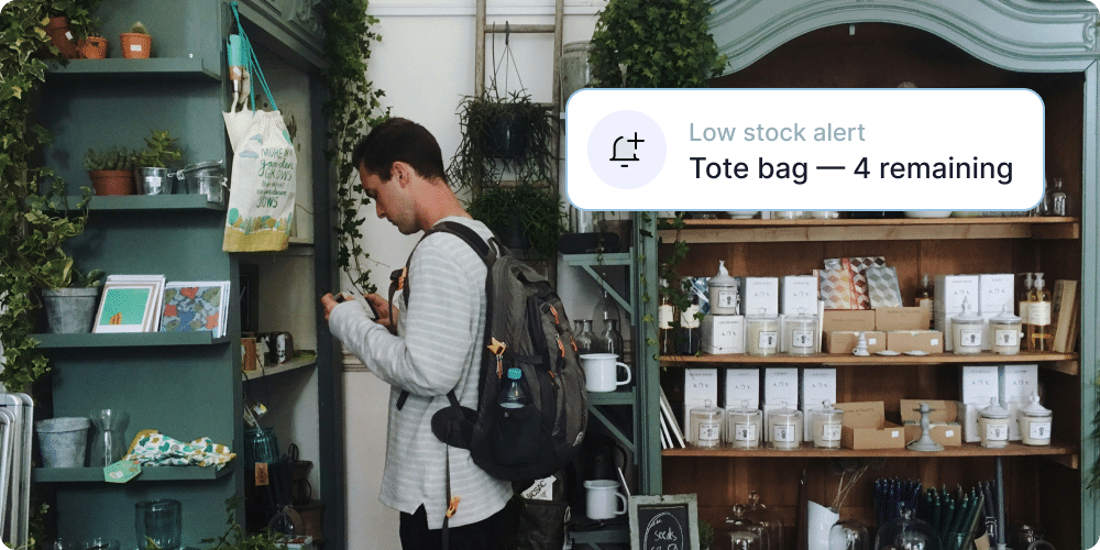 Museum shop shelf showing Muse inventory management and low stock alerts. Action Tag reads: Low stock alert, Tote bag, 4 remaining.