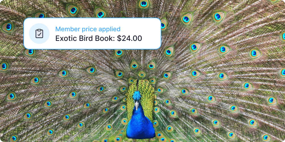 Zoo peacock display showing Muse member pricing and retail discounts. Action Tag reads: Member price applied, Exotic Bird Book: $24.00.