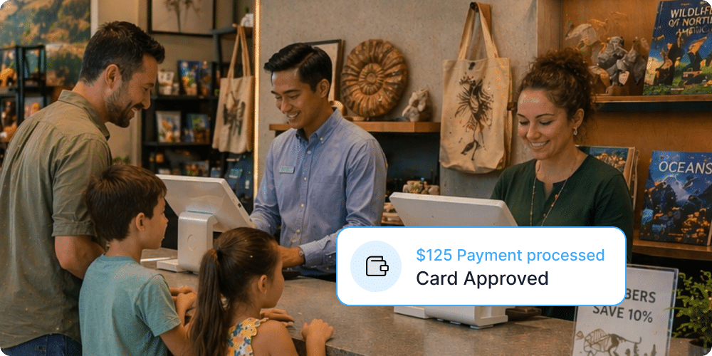 Family checking out at a museum shop, showing Muse POS sales operations. Action Tag reads: $125 Payment processed, Card Approved.