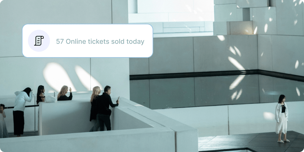 Museum hall showing Muse ticketing sales channels for online ticket sales. Action Tag reads: 57 online tickets sold today.
