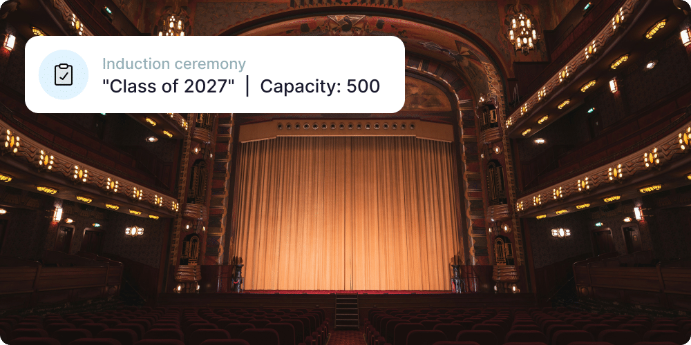 Theater stage showing Muse event ticketing for halls of fame and entertainment venues. Action Tag reads: Induction ceremony, "Class of 2027" | Capacity: 500.