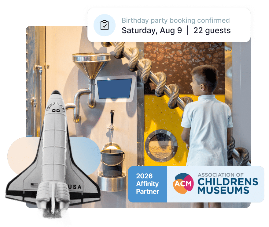 Science center and planetarium graphic showing Muse birthday party booking and membership prospect insights. Action Tags read: Birthday party booking confirmed, Saturday, Aug 9 | 22 guests; 2026 Association of Childrens Museums Affinity Partner badge