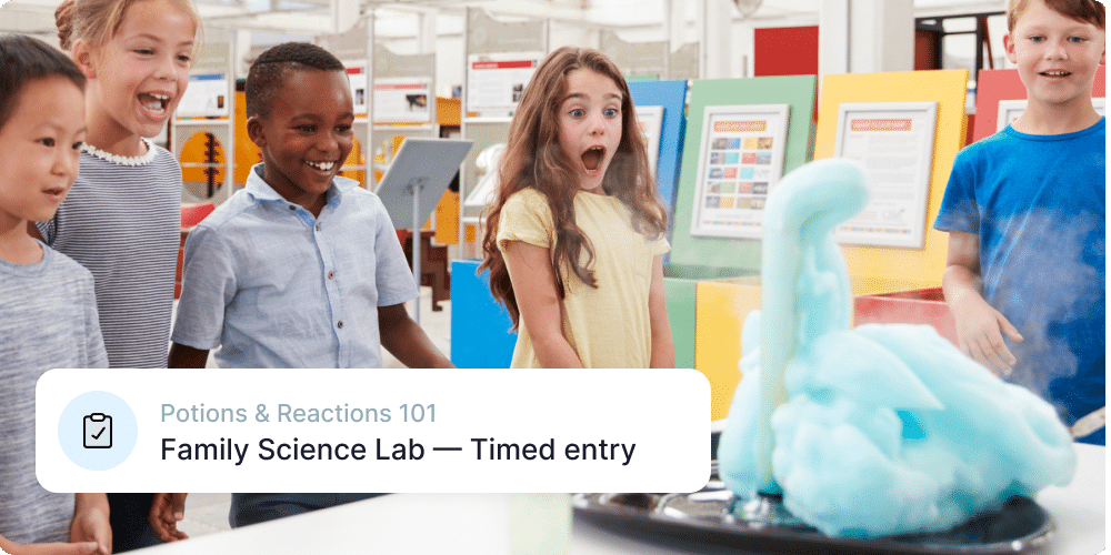 Children in a science lab showing Muse timed entry for a family science lab experience. Action Tag reads: Potions & Reactions 101, Family Science Lab | Timed entry.