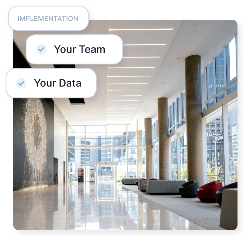 Museum lobby with implementation checklist callouts for your team and your data.