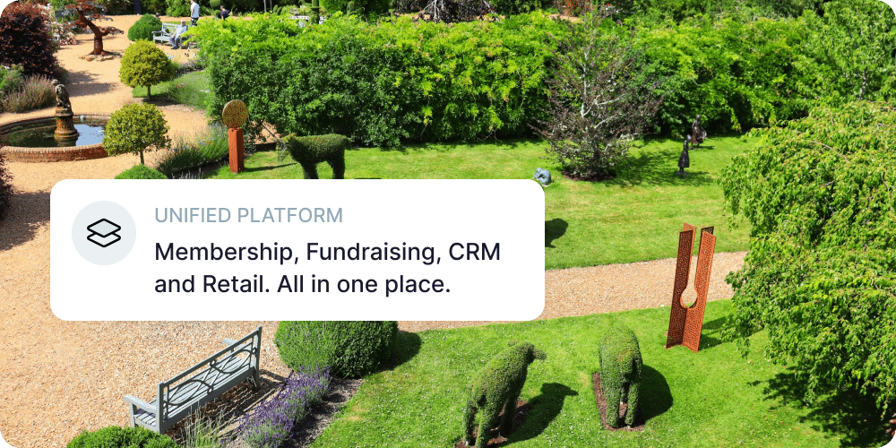 Botanical garden with callout describing Muse as a unified platform for membership, fundraising, CRM, and retail.