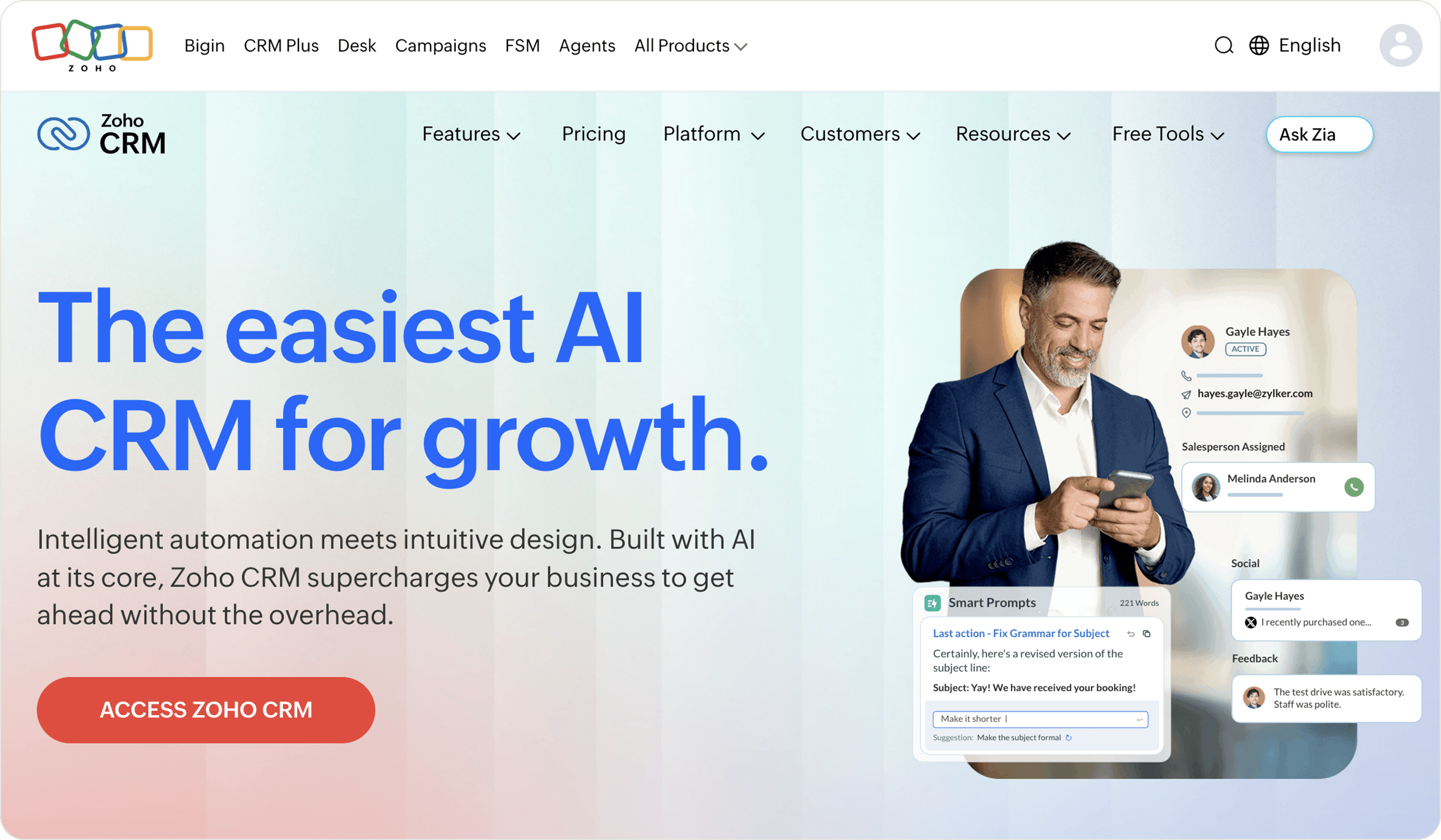Zoho's homepage